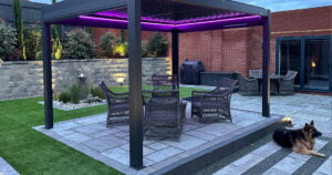 Modern garden layout with sustainable planting and smart lighting