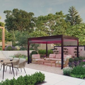 Contemporary garden with pergola and outdoor dining set