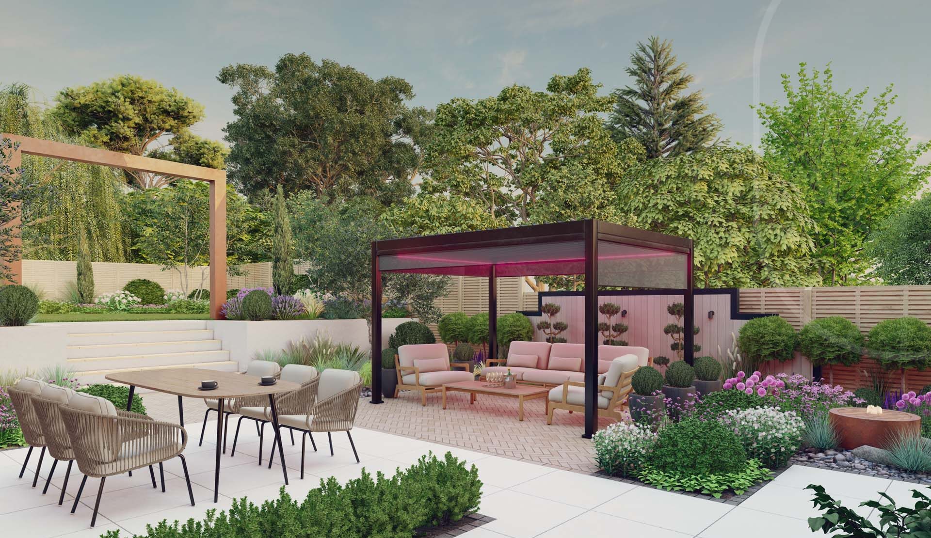 Contemporary garden with pergola and outdoor dining set