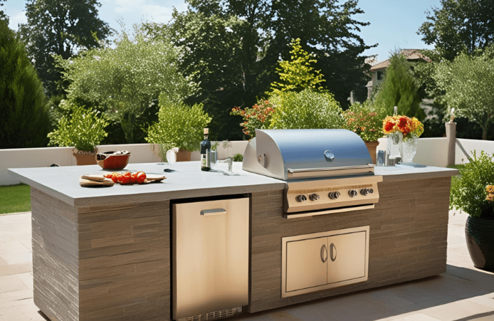 Outdoor Whistler Grill Kitchen installed out in the open of a garden.