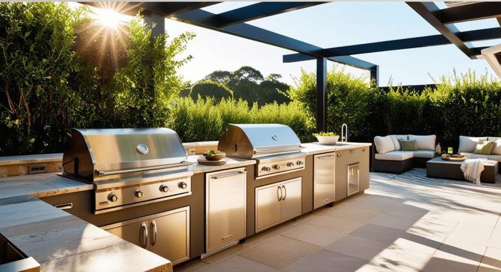 Sun beaming on outdoor kitchen set