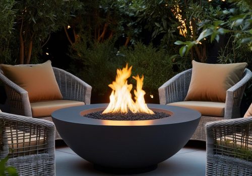 Modern garden firepit in a garden with four seats facing inward